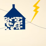 Suprematist abstract painting in the style of Kazimir Malevich featuring a rural stone house silhouette crossed by electric cables and a bold lightning bolt. Minimalist composition of bold navy blue and vibrant yellow geometric shapes on a stark white background. Flat textures, sharp edges, avant-garde electrical concept. No humans, no text.