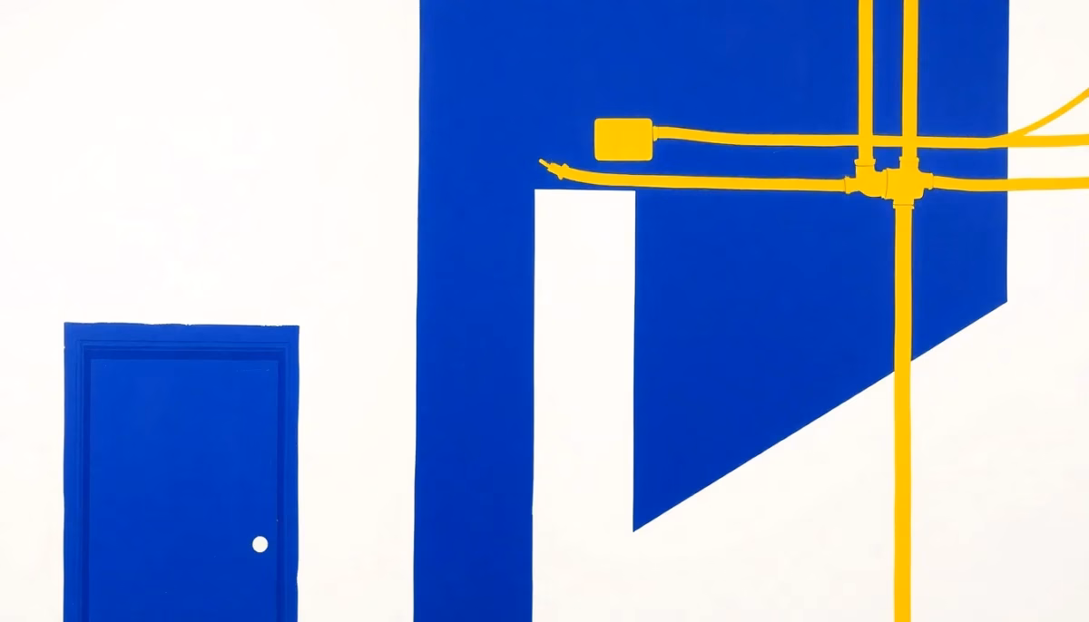 Suprematist abstract painting in the style of Kazimir Malevich featuring an entrance door, a gutter downpipe and electrical conduits converging on a building facade. Minimalist composition of bold navy blue and vibrant yellow geometric shapes on a stark white background. Flat textures, sharp edges, avant-garde electrical concept. No humans, no text overlay.
