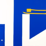 Suprematist abstract painting in the style of Kazimir Malevich featuring an entrance door, a gutter downpipe and electrical conduits converging on a building facade. Minimalist composition of bold navy blue and vibrant yellow geometric shapes on a stark white background. Flat textures, sharp edges, avant-garde electrical concept. No humans, no text overlay.