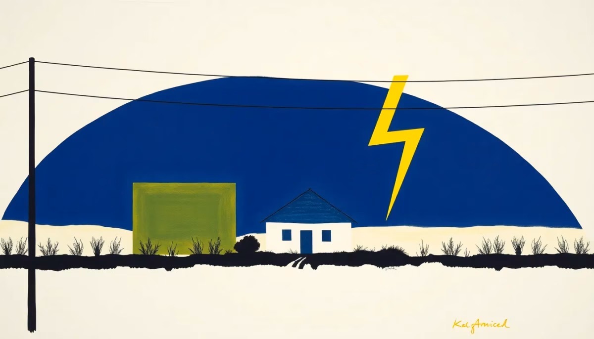 Suprematist abstract painting inspired by Kazimir Malevich featuring an isolated country farmhouse connected to overhead power lines with a glowing yellow lightning bolt. Minimalist composition of bold navy blue and vibrant yellow geometric shapes on a stark white background. Flat textures, sharp edges, avant-garde electrical concept. No humans, no text overlay.