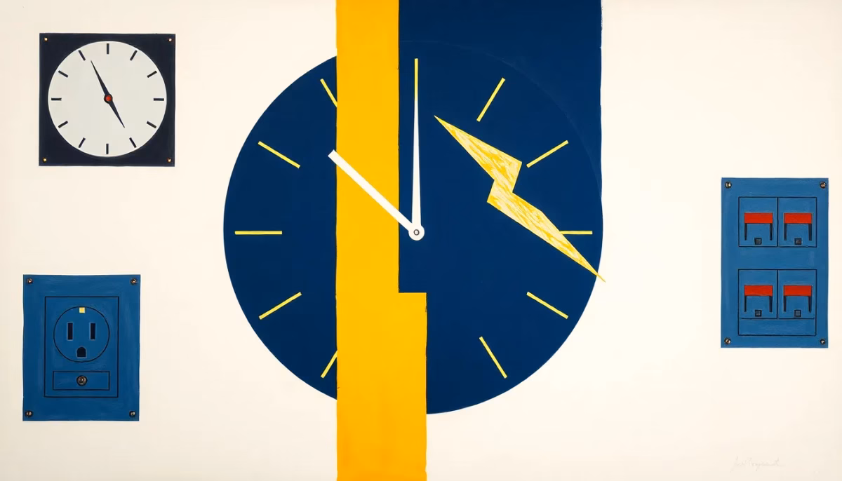 Suprematist abstract painting in the style of Kazimir Malevich, depicting a glowing lightning bolt crossing a stylized minimalist clock face, with a power socket and a circuit breaker panel arranged around it. Bold navy blue and vibrant yellow geometric shapes composed on a stark white background, flat textures, sharp edges, avant-garde electrical concept evoking emergency electrician call-outs in the evening and on weekends. No humans, no text, no lettering.