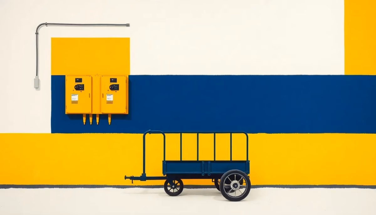 Suprematist abstract painting in the style of Kazimir Malevich featuring an electric feed distribution cart beside a barn electrical distribution board. Minimalist composition of bold navy blue and vibrant yellow geometric shapes on a stark white background. Flat textures, sharp edges, avant-garde electrical concept. No humans, no text overlay.