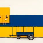Suprematist abstract painting in the style of Kazimir Malevich featuring an electric feed distribution cart beside a barn electrical distribution board. Minimalist composition of bold navy blue and vibrant yellow geometric shapes on a stark white background. Flat textures, sharp edges, avant-garde electrical concept. No humans, no text overlay.