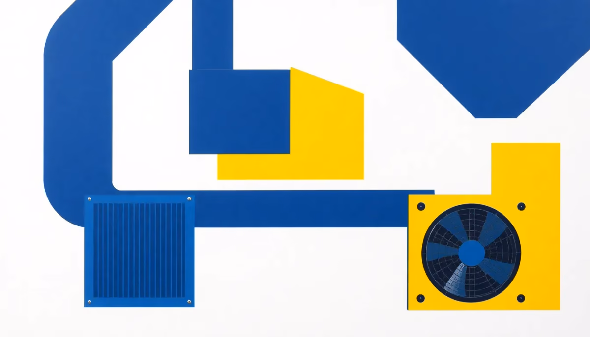 Suprematist abstract painting in the style of Kazimir Malevich featuring a VMC ventilation duct network with air extraction grilles and a rotating fan. Minimalist composition of bold navy blue and vibrant yellow geometric shapes on a stark white background. Flat textures, sharp edges, avant-garde ventilation concept. No humans, no text.
