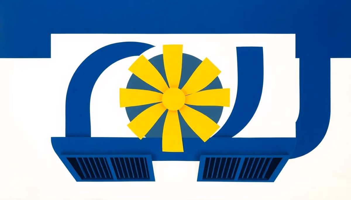 Suprematist abstract painting inspired by Kazimir Malevich featuring a ventilation duct network with a rotating fan wheel and air extraction grilles. Minimalist composition of bold navy blue and vibrant yellow geometric shapes on a stark white background. Flat textures, sharp edges, avant-garde electrical concept. No humans, no text overlay.