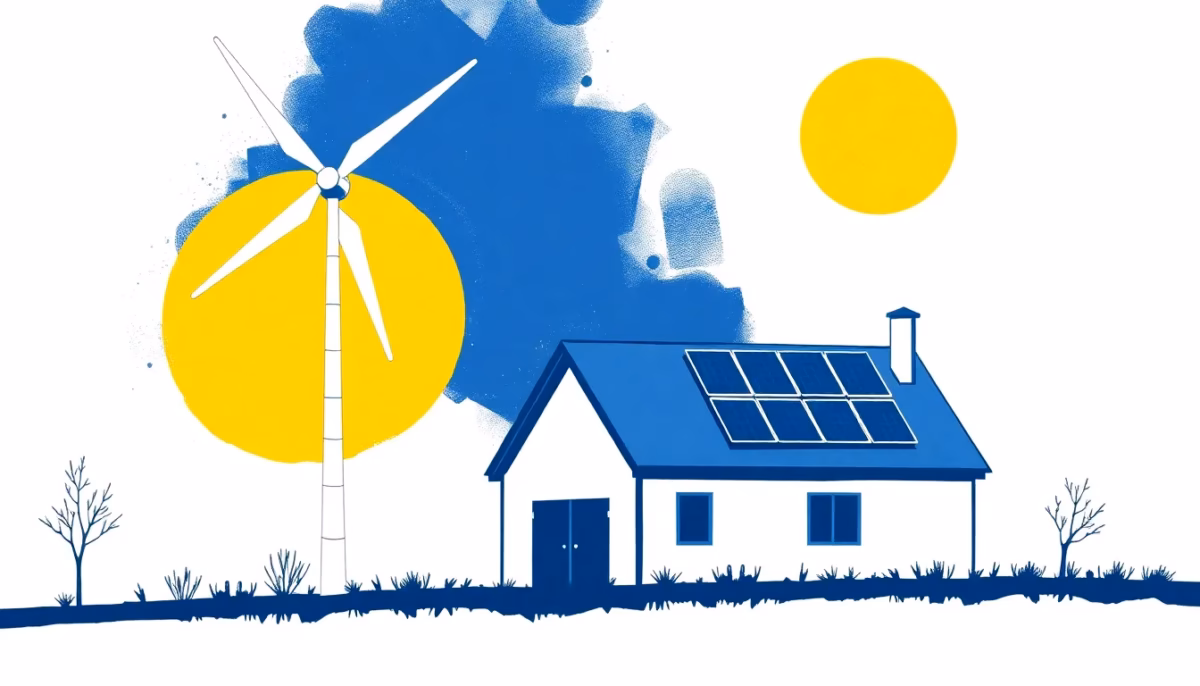 Suprematist abstract painting in the style of Kazimir Malevich depicting a rural French house with a small domestic wind turbine on a mast and rooftop solar panels. Minimalist avant-garde composition built from bold geometric shapes in deep navy blue and vibrant yellow against a stark white background, flat textures, crisp sharp edges, dynamic diagonal lines evoking wind currents and solar energy flows, clean flat vector-like illustration, no humans, no text overlay