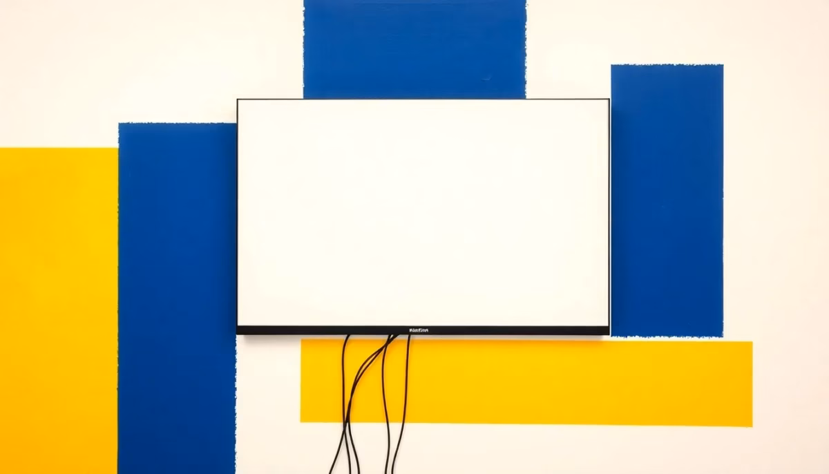 Suprematist abstract painting in the style of Kazimir Malevich featuring glowing fiber optic cables and a modern television screen. Minimalist composition of bold navy blue and vibrant yellow geometric shapes on a stark white background. Flat textures, sharp edges, avant-garde electrical concept. No humans, no text, no text overlay.
