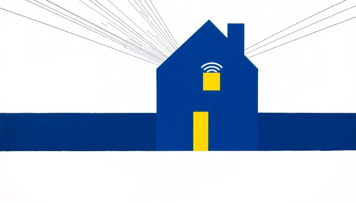 Suprematist abstract painting in the style of Kazimir Malevich featuring glowing fiber optic cables radiating from a stylized geometric house with bold WiFi signal waves emanating outward. Minimalist avant-garde composition of deep navy blue and vibrant yellow geometric shapes on a stark white background. Flat textures, sharp edges, clean modern electrical and telecommunications concept. No humans, no text, no letters.