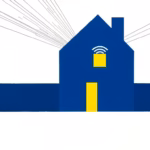 Suprematist abstract painting in the style of Kazimir Malevich featuring glowing fiber optic cables radiating from a stylized geometric house with bold WiFi signal waves emanating outward. Minimalist avant-garde composition of deep navy blue and vibrant yellow geometric shapes on a stark white background. Flat textures, sharp edges, clean modern electrical and telecommunications concept. No humans, no text, no letters.