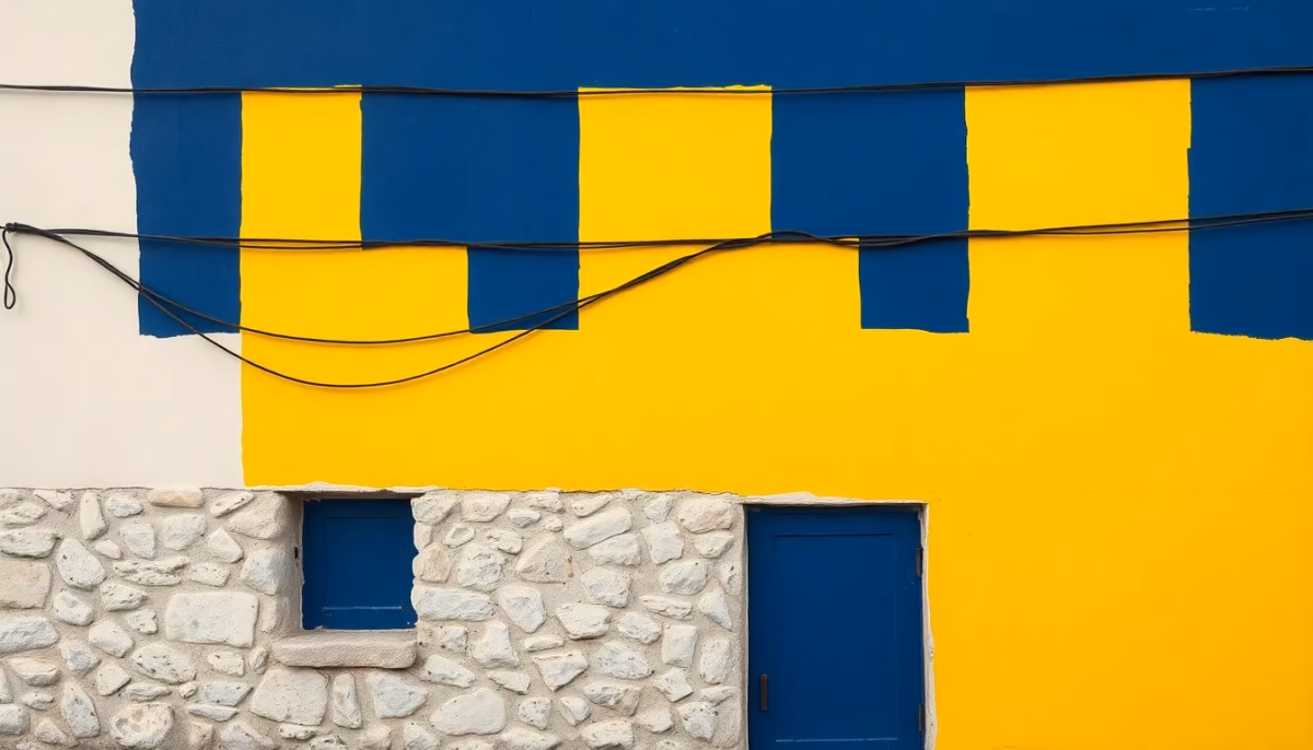 Suprematist abstract painting inspired by Kazimir Malevich, featuring exposed electrical wires running along the wall of an old countryside stone house. Minimalist composition of bold navy blue and vibrant yellow geometric shapes on a stark white background. Flat textures, sharp edges, avant-garde electrical safety concept. No humans, no text.