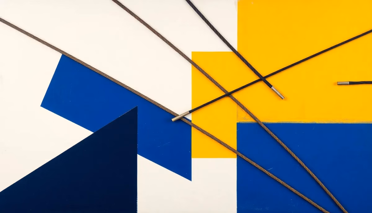 Suprematist abstract painting in the style of Kazimir Malevich featuring old lead-sheathed electrical cables and cotton-braided copper wires crossing bold geometric planes. Minimalist composition of bold navy blue and vibrant yellow geometric shapes on a stark white background. Flat textures, sharp edges, avant-garde electrical concept. No humans, no text.