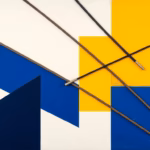 Suprematist abstract painting in the style of Kazimir Malevich featuring old lead-sheathed electrical cables and cotton-braided copper wires crossing bold geometric planes. Minimalist composition of bold navy blue and vibrant yellow geometric shapes on a stark white background. Flat textures, sharp edges, avant-garde electrical concept. No humans, no text.