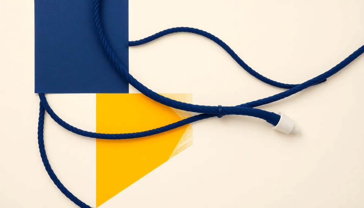 Suprematist abstract painting in the style of Kazimir Malevich featuring vintage fabric-braided electrical wires and porcelain fuse holders. Minimalist composition of bold navy blue and vibrant yellow geometric shapes on a stark white background. Flat textures, sharp edges, avant-garde electrical concept. No humans, no text, no text overlay.