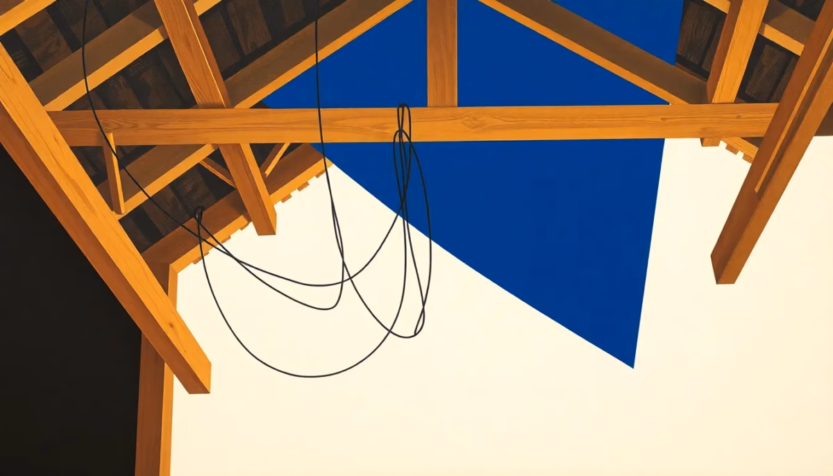 Suprematist abstract painting in the style of Kazimir Malevich, featuring twisted black electrical cables hanging beneath wooden barn roof beams and rafters. Minimalist composition of bold navy blue and vibrant yellow geometric shapes on a stark white background. Flat textures, sharp edges, avant-garde electrical concept. No humans, no text.