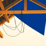 Suprematist abstract painting in the style of Kazimir Malevich, featuring twisted black electrical cables hanging beneath wooden barn roof beams and rafters. Minimalist composition of bold navy blue and vibrant yellow geometric shapes on a stark white background. Flat textures, sharp edges, avant-garde electrical concept. No humans, no text.