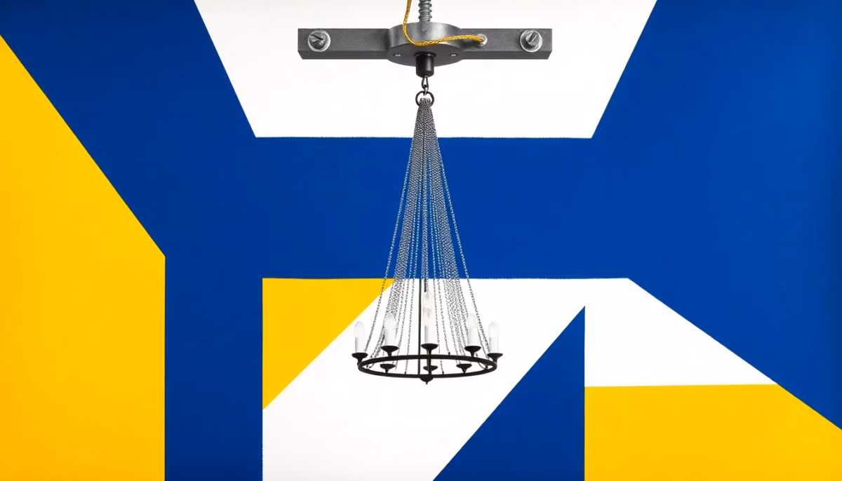 Suprematist abstract painting in the style of Kazimir Malevich featuring a heavy crystal chandelier hanging from a geometric ceiling anchor plate with bolts and an independent safety cable. Minimalist composition of bold navy blue and vibrant yellow geometric shapes on a stark white background. Flat textures, sharp edges, avant-garde electrical concept. No humans, no text overlay.
