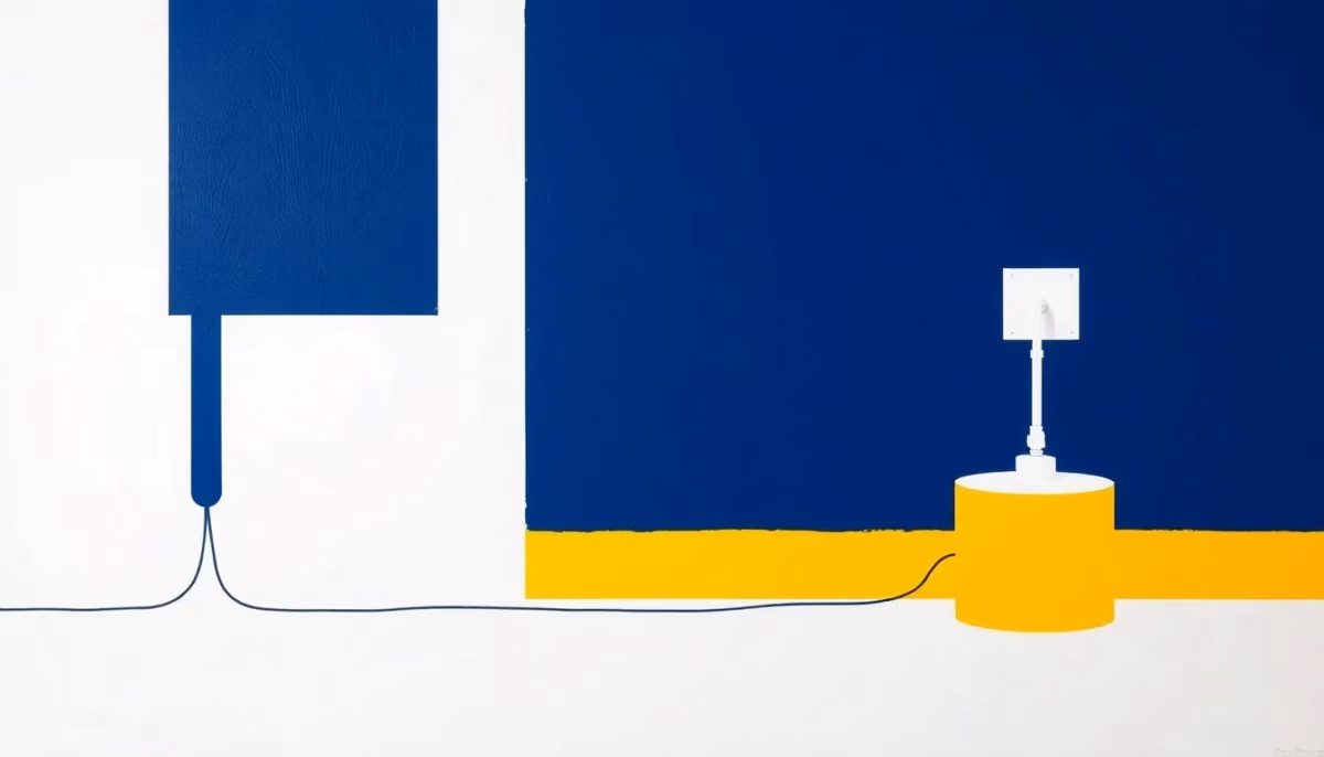 Suprematist abstract painting inspired by Kazimir Malevich featuring a submersible pump station and a septic tank connected by bold electrical cables. Minimalist composition of bold navy blue and vibrant yellow geometric shapes on a stark white background. Flat textures, sharp edges, avant-garde electrical concept. No humans, no text.