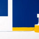 Suprematist abstract painting inspired by Kazimir Malevich featuring a submersible pump station and a septic tank connected by bold electrical cables. Minimalist composition of bold navy blue and vibrant yellow geometric shapes on a stark white background. Flat textures, sharp edges, avant-garde electrical concept. No humans, no text.