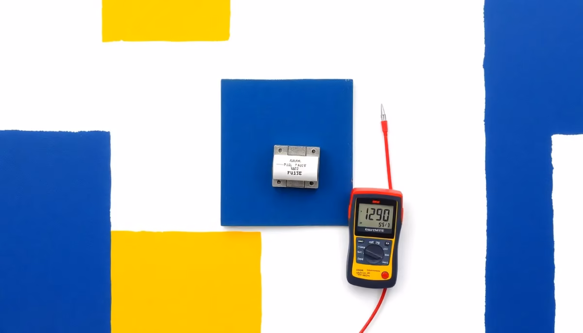 Suprematist abstract painting in the style of Kazimir Malevich depicting a domestic fuse box with a blown porcelain cartridge fuse and a multimeter probe. Minimalist composition of bold navy blue and vibrant yellow geometric shapes on a stark white background. Flat textures, sharp edges, avant-garde electrical concept. No humans, no text.