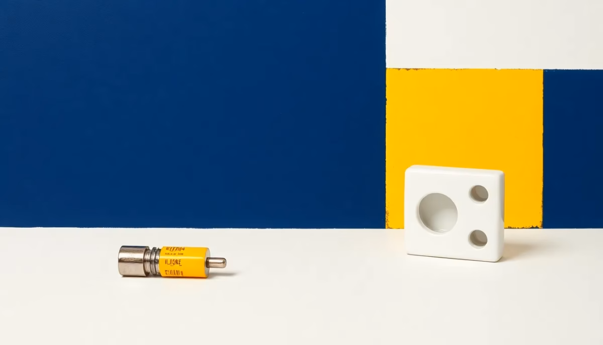 Suprematist abstract painting in the style of Kazimir Malevich featuring vintage ceramic cartridge fuses and a porcelain fuse holder. Minimalist composition of bold navy blue and vibrant yellow geometric shapes on a stark white background. Flat textures, sharp edges, avant-garde electrical concept. No humans, no text overlay.
