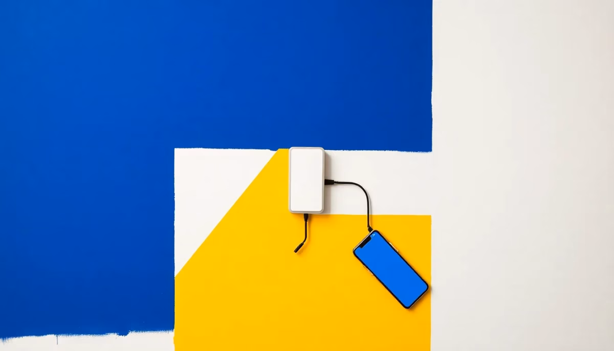 Suprematist abstract painting in the style of Kazimir Malevich featuring an electric door strike lock connected to a smartphone signal. Minimalist composition of bold navy blue and vibrant yellow geometric shapes on a stark white background. Flat textures, sharp edges, avant-garde electrical concept. No humans, no text.