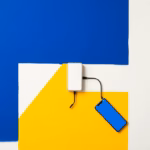 Suprematist abstract painting in the style of Kazimir Malevich featuring an electric door strike lock connected to a smartphone signal. Minimalist composition of bold navy blue and vibrant yellow geometric shapes on a stark white background. Flat textures, sharp edges, avant-garde electrical concept. No humans, no text.