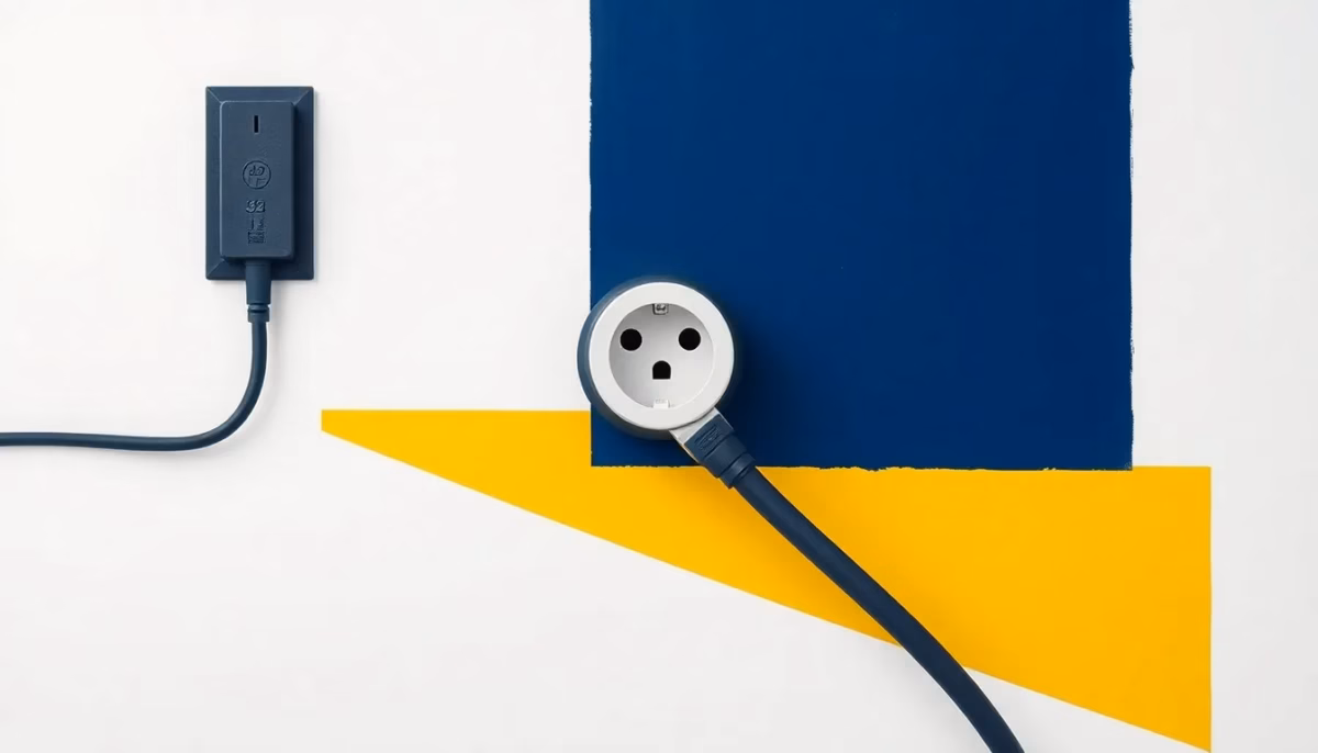 Suprematist abstract painting in the style of Kazimir Malevich featuring a large round 32-amp electrical socket with a heavy cooker plug and thick cable. Minimalist composition of bold navy blue and vibrant yellow geometric shapes on a stark white background. Flat textures, sharp edges, avant-garde electrical concept. No humans, no text overlay.