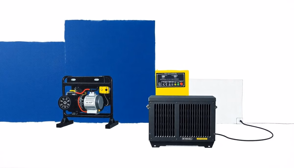Suprematist abstract painting by Kazimir Malevich featuring a backup power generator and a battery inverter unit placed side by side. Minimalist composition of bold navy blue and vibrant yellow geometric shapes on a stark white background. Flat textures, sharp edges, avant-garde electrical concept, clean geometric balance between the two devices. No humans, no text.