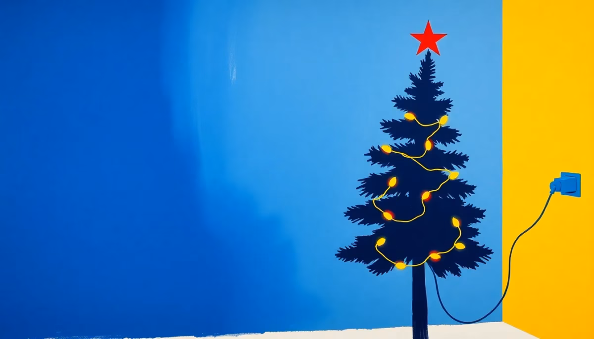 Suprematist abstract painting in the style of Kazimir Malevich featuring a stylized Christmas fir tree wrapped in glowing garland lights beside an electrical socket and plug. Minimalist composition of bold navy blue and vibrant yellow geometric shapes on a stark white background. Flat textures, sharp edges, avant-garde electrical safety concept. No humans, no text.