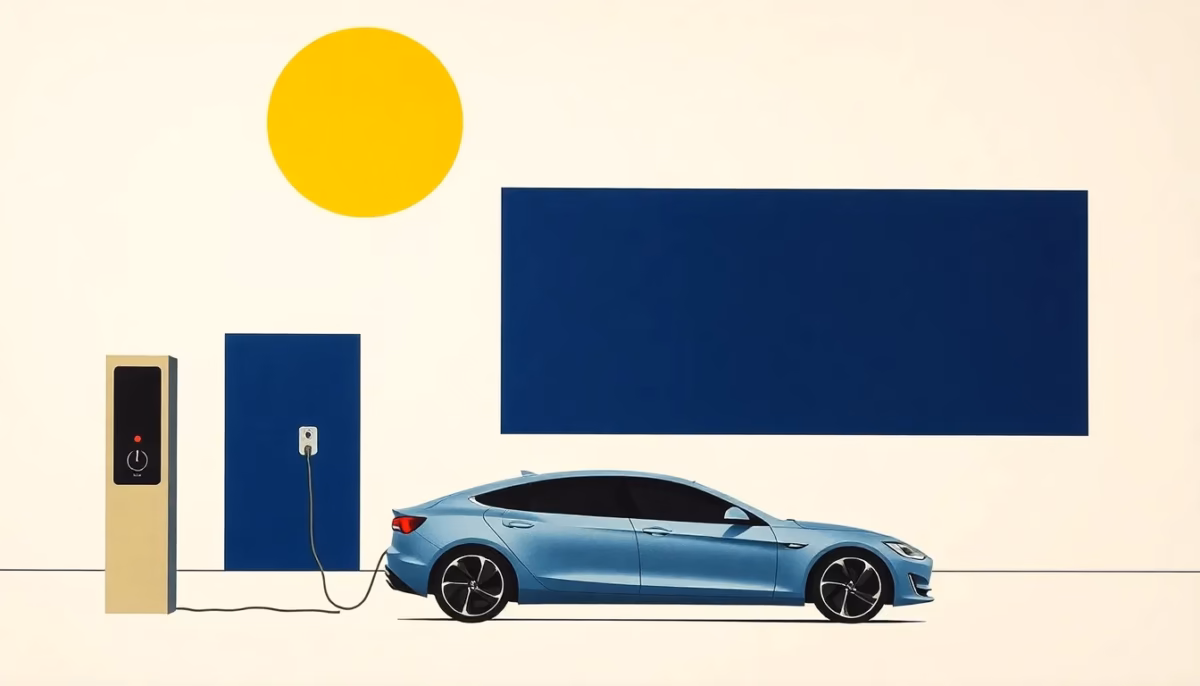 Suprematist abstract painting inspired by Kazimir Malevich featuring an electric car plugged into a charging station beneath a large crescent moon and a clock face. Minimalist composition of bold navy blue and vibrant yellow geometric shapes on a stark white background. Flat textures, sharp edges, avant-garde electrical concept evoking off-peak night charging. No humans, no text.