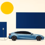 Suprematist abstract painting inspired by Kazimir Malevich featuring an electric car plugged into a charging station beneath a large crescent moon and a clock face. Minimalist composition of bold navy blue and vibrant yellow geometric shapes on a stark white background. Flat textures, sharp edges, avant-garde electrical concept evoking off-peak night charging. No humans, no text.