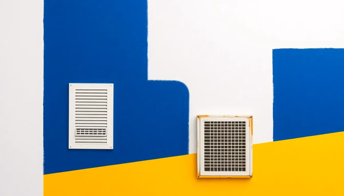 Suprematist abstract painting in the style of Kazimir Malevich depicting a child's bedroom wall with rising damp and a ventilation grille. Minimalist composition of bold navy blue and vibrant yellow geometric shapes on a stark white background. Flat textures, sharp edges, avant-garde electrical concept. No humans, no text.