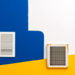 Suprematist abstract painting in the style of Kazimir Malevich depicting a child's bedroom wall with rising damp and a ventilation grille. Minimalist composition of bold navy blue and vibrant yellow geometric shapes on a stark white background. Flat textures, sharp edges, avant-garde electrical concept. No humans, no text.
