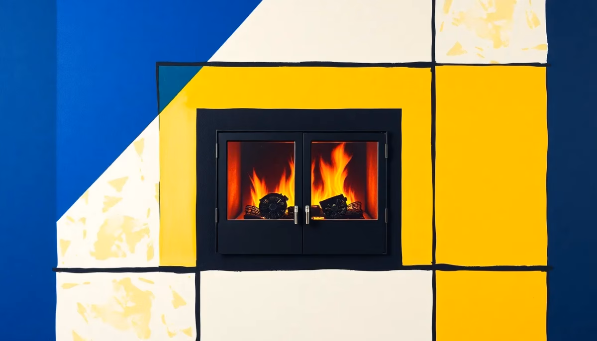 Suprematist abstract painting in the style of Kazimir Malevich featuring a black steel fireplace insert with a glowing glass door and two convection fans mounted beneath. Minimalist avant-garde composition of bold navy blue and vibrant yellow geometric shapes on a stark white background. Flat textures, sharp edges, evoking a dedicated electrical circuit concept. No humans, no text overlay.