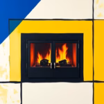 Suprematist abstract painting in the style of Kazimir Malevich featuring a black steel fireplace insert with a glowing glass door and two convection fans mounted beneath. Minimalist avant-garde composition of bold navy blue and vibrant yellow geometric shapes on a stark white background. Flat textures, sharp edges, evoking a dedicated electrical circuit concept. No humans, no text overlay.