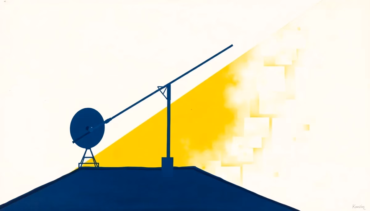 Suprematist abstract painting in the style of Kazimir Malevich featuring a rooftop TV antenna and a satellite dish geometrically arranged. Minimalist composition of bold navy blue and vibrant yellow geometric shapes on a stark white background. Flat textures, sharp edges, avant-garde electrical concept. No humans, no text.