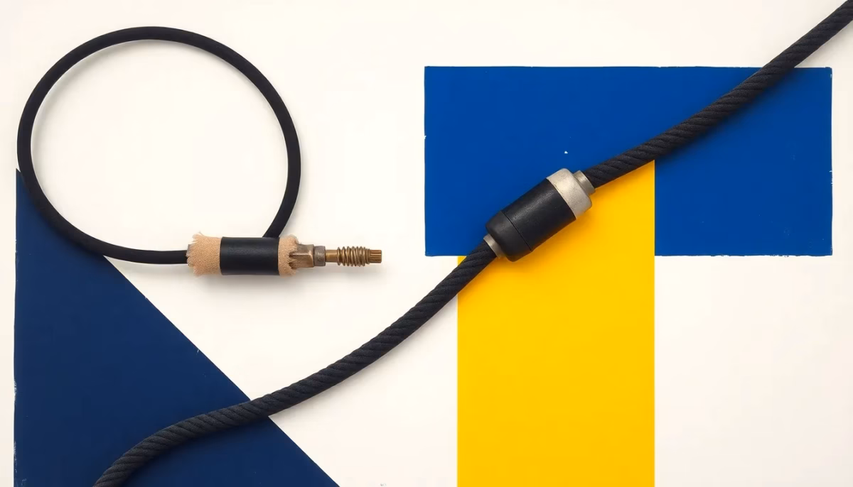 Suprematist abstract painting in the style of Kazimir Malevich featuring old electrical cables with frayed fabric insulation, coiled black wires, a lead-sheathed cable and ceramic fuse elements. Minimalist composition of bold navy blue and vibrant yellow geometric shapes on a stark white background. Flat textures, sharp edges, avant-garde electrical concept. No humans, no text.