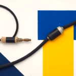 Suprematist abstract painting in the style of Kazimir Malevich featuring old electrical cables with frayed fabric insulation, coiled black wires, a lead-sheathed cable and ceramic fuse elements. Minimalist composition of bold navy blue and vibrant yellow geometric shapes on a stark white background. Flat textures, sharp edges, avant-garde electrical concept. No humans, no text.