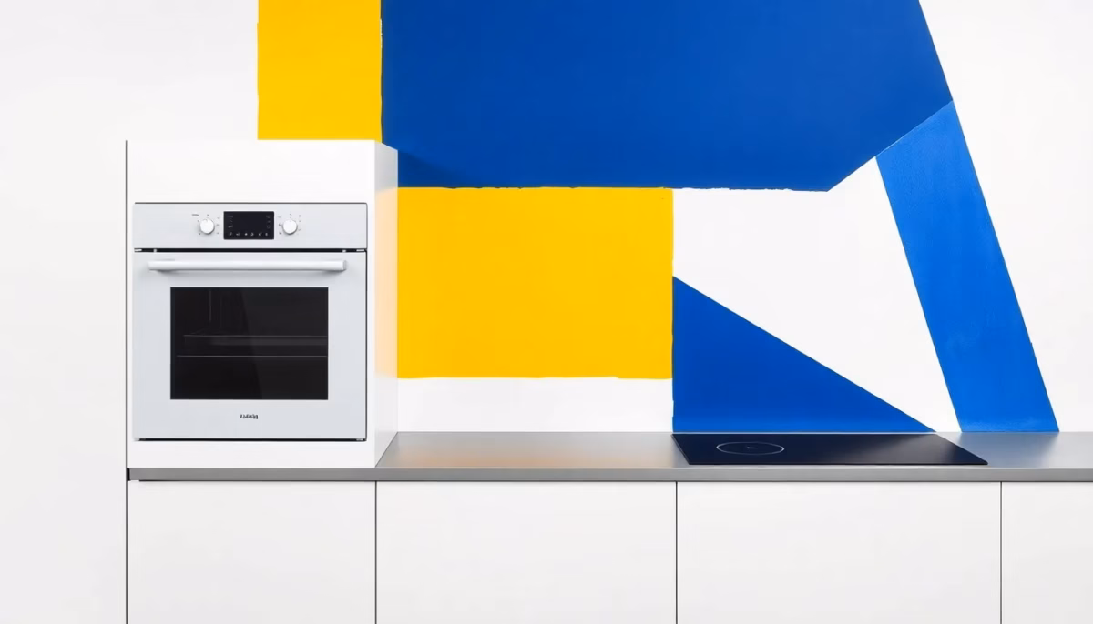 Suprematist abstract painting in the style of Kazimir Malevich featuring a built-in oven and an induction cooktop as central geometric forms. Minimalist avant-garde composition with bold navy blue and vibrant yellow rectangles, circles and dynamic diagonal lines on a stark white background. Flat matte textures, sharp clean edges, subtle electrical energy suggested through geometric rays and intersecting planes, representing a safe and compliant kitchen electrical installation. No humans, no text, no lettering, no watermark.