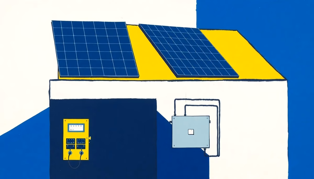 Suprematist abstract painting in the style of Kazimir Malevich featuring rooftop solar panels connected to a home electrical panel. Minimalist composition of bold navy blue and vibrant yellow geometric shapes on a stark white background, with clean sharp lines linking the roof panels, inverter and distribution board. Flat textures, sharp edges, avant-garde electrical concept. No humans, no text overlay.
