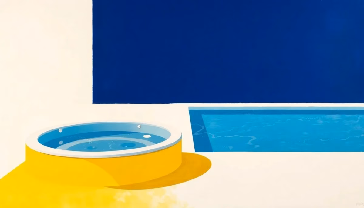 Suprematist abstract painting in the style of Kazimir Malevich featuring a hot tub jacuzzi beside a swimming pool. Minimalist composition of bold navy blue and vibrant yellow geometric shapes on a stark white background. Flat textures, sharp edges, avant-garde electrical concept. No humans, no text.