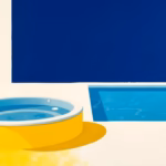 Suprematist abstract painting in the style of Kazimir Malevich featuring a hot tub jacuzzi beside a swimming pool. Minimalist composition of bold navy blue and vibrant yellow geometric shapes on a stark white background. Flat textures, sharp edges, avant-garde electrical concept. No humans, no text.