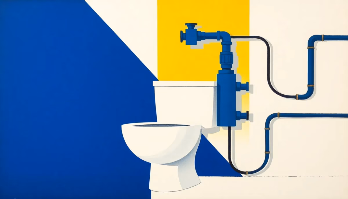Suprematist abstract painting in the style of Kazimir Malevich depicting a white toilet bowl connected to a geometric grinding pump and angular pressurized pipes, symbolizing a macerator toilet installation far from the main drainage system. Minimalist composition with bold navy blue and vibrant yellow geometric shapes on a stark white background. Flat textures, sharp edges, avant-garde plumbing and electrical concept. No humans, no text overlay.