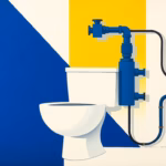 Suprematist abstract painting in the style of Kazimir Malevich depicting a white toilet bowl connected to a geometric grinding pump and angular pressurized pipes, symbolizing a macerator toilet installation far from the main drainage system. Minimalist composition with bold navy blue and vibrant yellow geometric shapes on a stark white background. Flat textures, sharp edges, avant-garde plumbing and electrical concept. No humans, no text overlay.