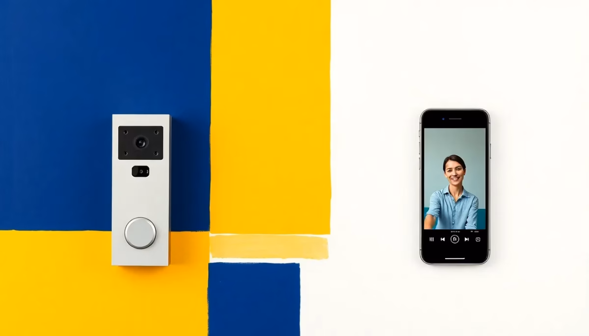 Suprematist abstract painting in the style of Kazimir Malevich featuring a connected video door intercom panel mounted on a gate post beside a smartphone displaying a live visitor video feed. Minimalist composition of bold navy blue and vibrant yellow geometric shapes on a stark white background. Flat textures, sharp edges, avant-garde smart home electrical concept. No humans, no text, no overlay.