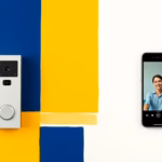 Suprematist abstract painting in the style of Kazimir Malevich featuring a connected video door intercom panel mounted on a gate post beside a smartphone displaying a live visitor video feed. Minimalist composition of bold navy blue and vibrant yellow geometric shapes on a stark white background. Flat textures, sharp edges, avant-garde smart home electrical concept. No humans, no text, no overlay.