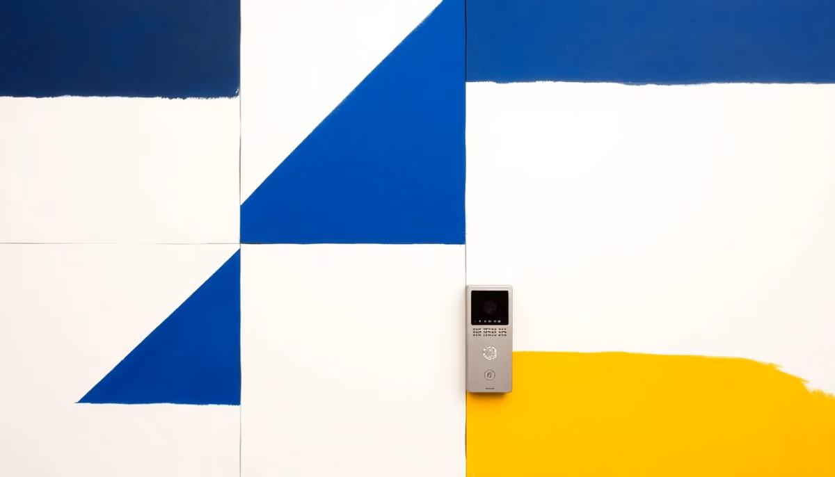 Suprematist abstract painting in the style of Kazimir Malevich featuring a wireless video intercom system: a sleek indoor touchscreen monitor beside a compact outdoor door panel with built-in camera and call button. Minimalist composition of bold navy blue and vibrant yellow geometric shapes on a stark white background. Flat textures, sharp edges, avant-garde smart home electrical concept. No humans, no text overlay.