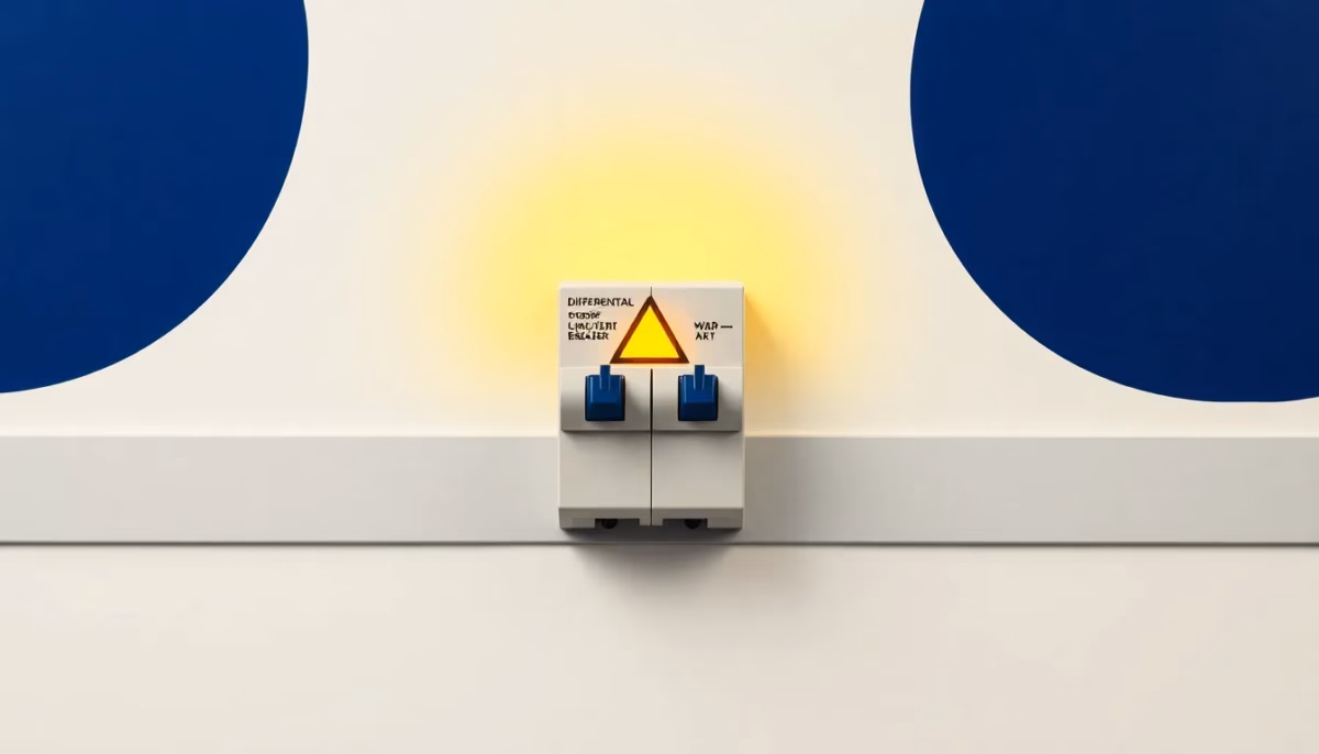 Suprematist abstract painting inspired by Kazimir Malevich, featuring a modular differential circuit breaker (RCD switch) mounted on a DIN rail, accompanied by a glowing yellow warning triangle symbolizing electrical protection. Minimalist avant-garde composition built from bold navy blue, vibrant yellow and soft grey geometric shapes arranged on a stark white background. Flat textures, sharp edges, dynamic diagonal balance, modern electrical safety concept. No humans, no text, no lettering.