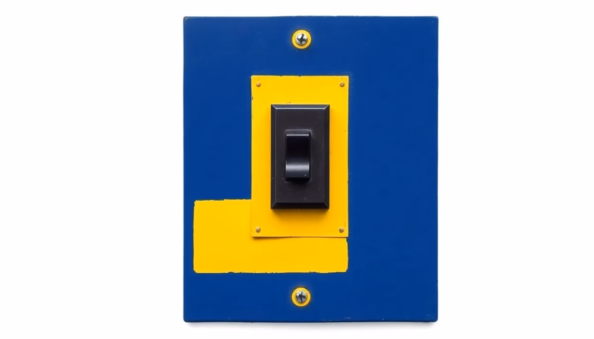 Suprematist abstract painting inspired by Kazimir Malevich featuring a black differential circuit breaker switch with a bold yellow toggle standing out on a navy blue rectangular electrical panel. Minimalist composition of bold navy blue and vibrant yellow geometric shapes on a stark white background. Flat textures, sharp edges, avant-garde electrical concept. No humans, no text overlay.
