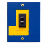 Suprematist abstract painting inspired by Kazimir Malevich featuring a black differential circuit breaker switch with a bold yellow toggle standing out on a navy blue rectangular electrical panel. Minimalist composition of bold navy blue and vibrant yellow geometric shapes on a stark white background. Flat textures, sharp edges, avant-garde electrical concept. No humans, no text overlay.
